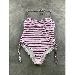 Freshwater Womens XXL One Piece Swimsuit Purple White Striped Halter Ruched New
